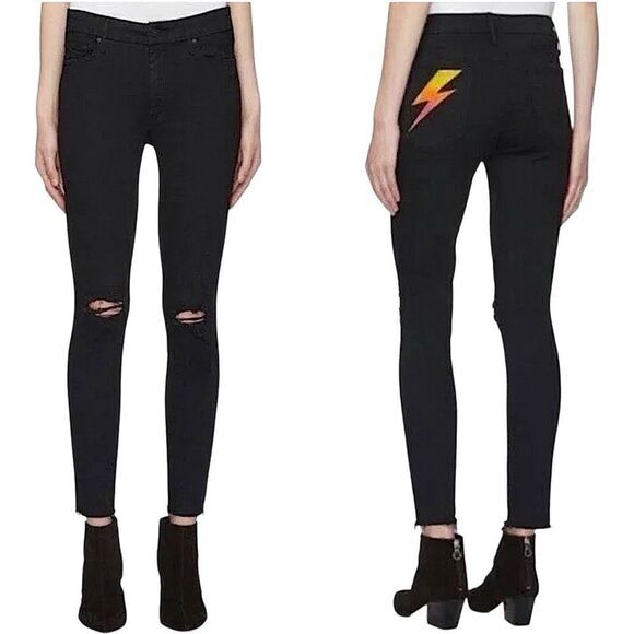 MOTHER The Looker Ankle Fray Jeans Size 27 Black Gold‎ Bolt Distressed Skinny - Picture 1 of 14